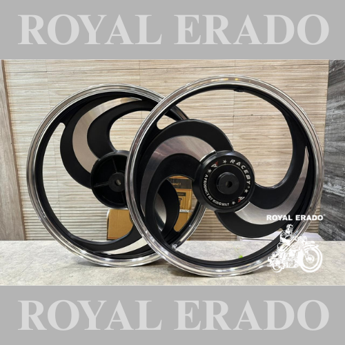 KINGWAY RACEBY S Design Broad S Big S CNC 2 Spoke Talwar Black Alloy Wheel | For Splendor I3S N SPLENDOR PLUS N SPLENDOR PRO / hf deluxe / passion / passion pro / super splendor / hero Honda new model splendor (front 18” drum and rear 18” big drum)