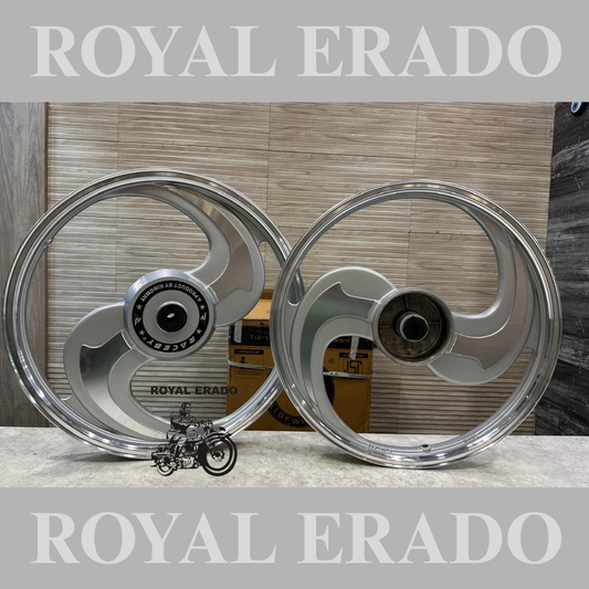 KINGWAY RACEBY 2S 2 Spokes Talwar Silver Alloy Wheel Set Small drum brake Set rear small drum brake | For Splendor old with small drum rear / SPLENDOR PLUS / splendor pro / super splendor / hf deluxe / hero Honda old model splendor  (front 18” & rear 18”)