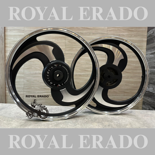 KINGWAY RACEBY 2S & 2 Spokes Talwar Black CNC Alloy Wheel Set Big drum brake || For Splendor I3S N SPLENDOR PLUS N SPLENDOR PRO / hf deluxe / passion / passion pro / super splendor / hero Honda new model splendor (  front 18” drum and rear 18” big drum )