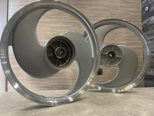KINGWAY RACEBY 2 S Spokes S design Big S Broad S Silver Alloy Wheel Set Small drum brake | For Splendor I3S N SPLENDOR PLUS N SPLENDOR PRO / hf deluxe / passion / passion pro / super splendor / hero Honda new model splendor (front 18” and rear 18” big)