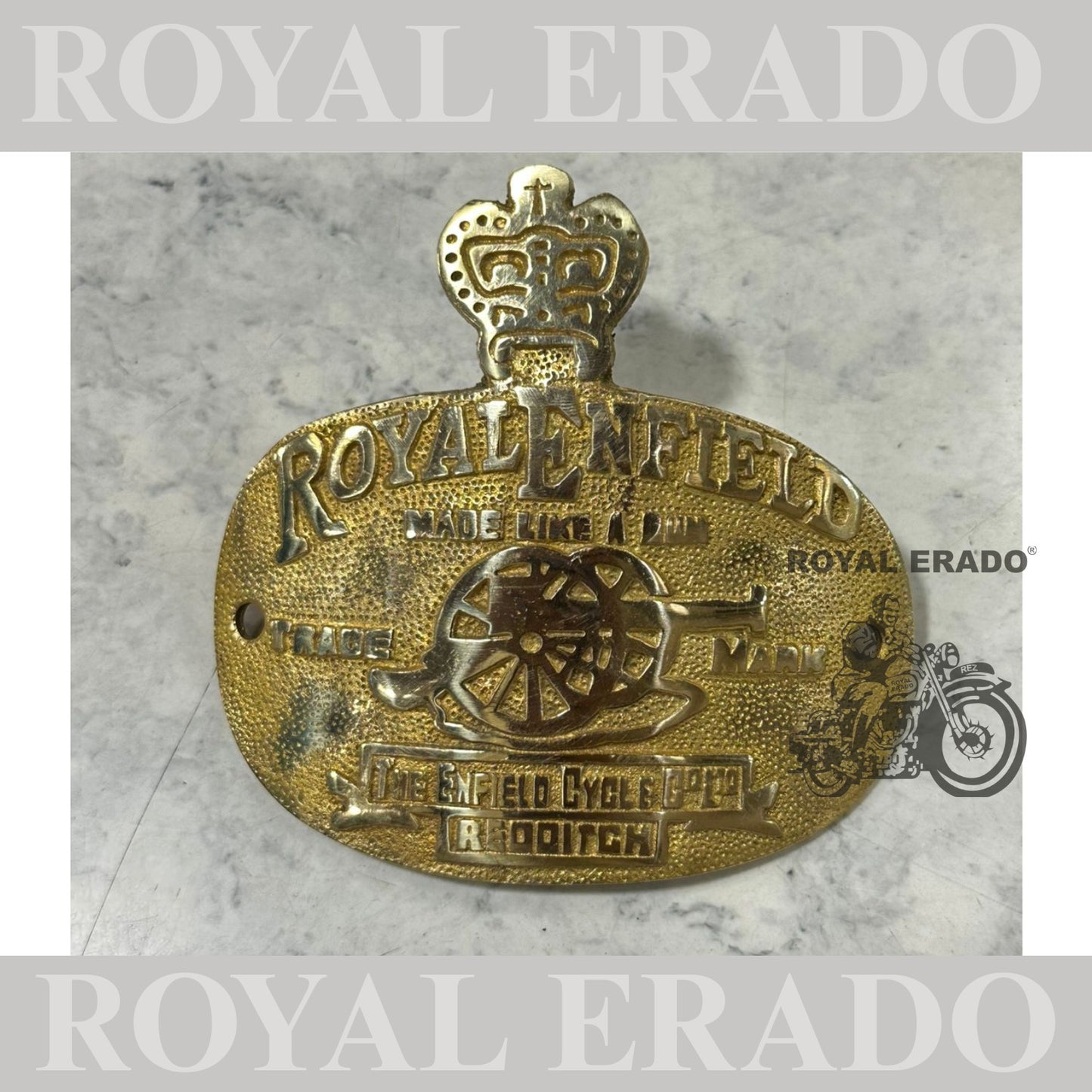 Royal Enfield made like a gun logo CAD monogram for rear mudguard in brass for Reborn Classic Electra Standard Battalion Meteor 350 , Super Meteor 650 , Hunter 350 and all vintage g2 old model Royal Enfield