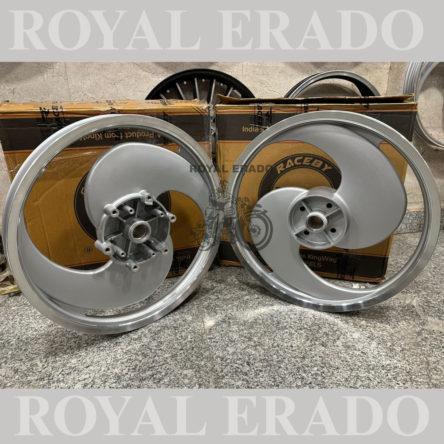 Kingway Raceby Royal Enfield Electra and Standard abs alloy wheel 2S 2 spoke big S broad S alloy wheel silver color ( front 19” disc rear 19” drum )