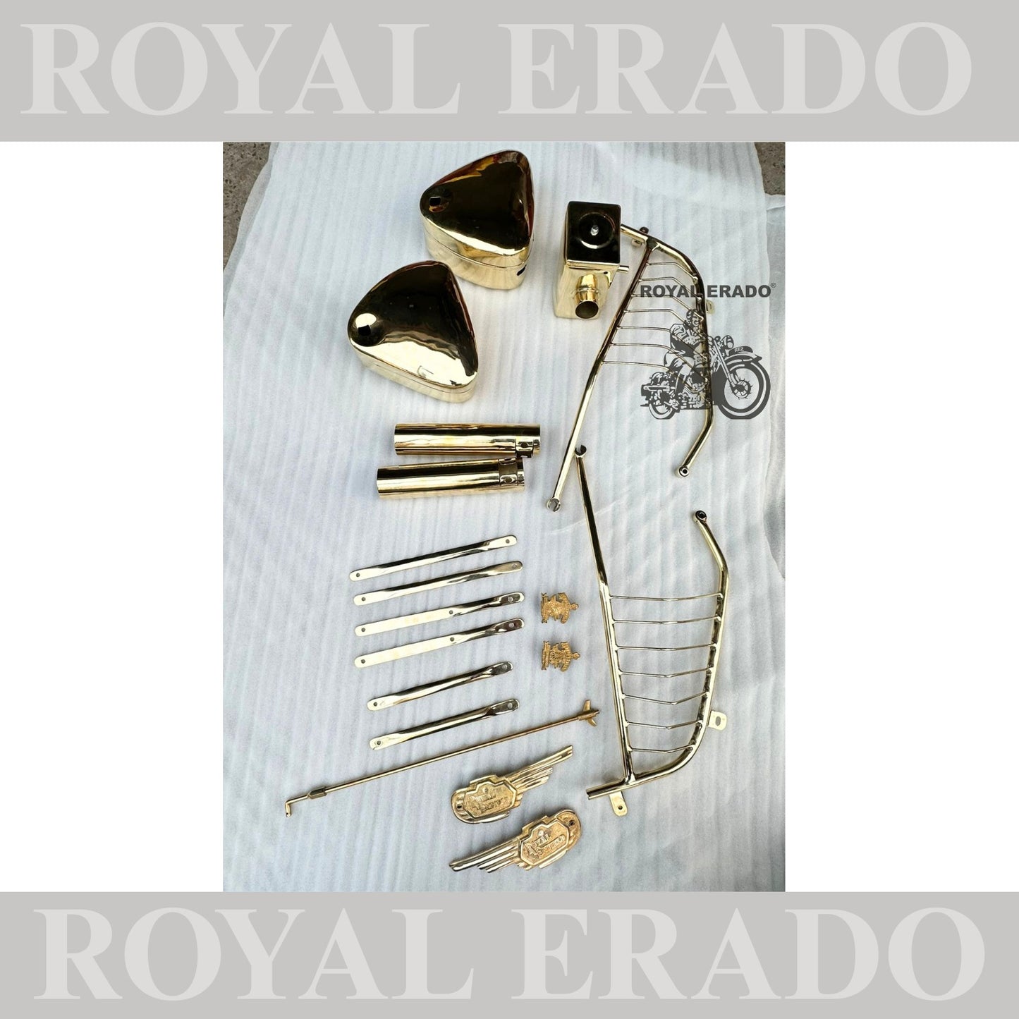 Royal Enfield brass kit can be made for Classic Electra and Standard  Includes front and rear mudguard stays with saree guard , tool box brass , air filter box brass ,shocker cover brass , rear brake rod , tank monogram , 2pcs made like a gun monogram