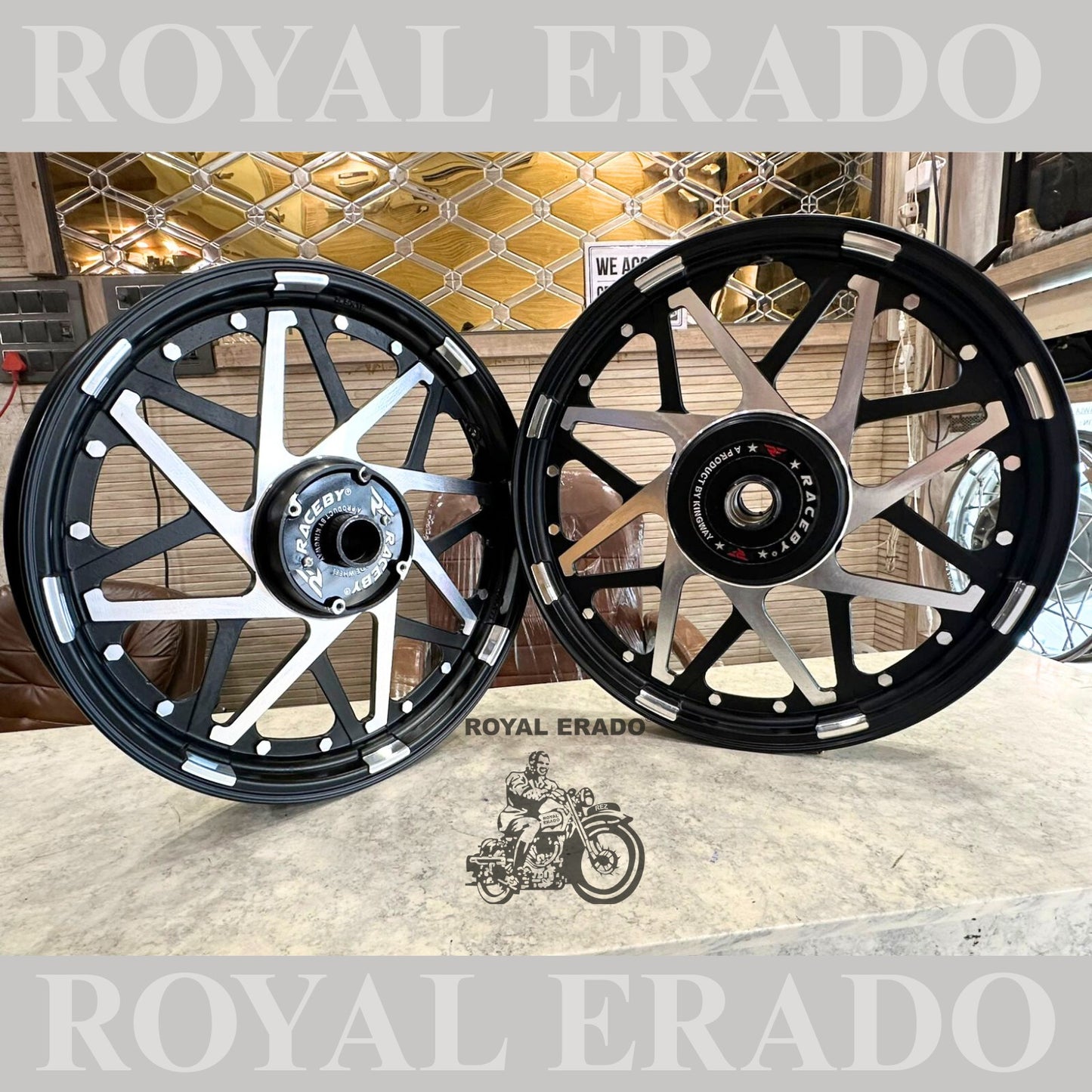 Raceby / kingway double V alloy wheel for Royal Enfield classic single disc and standard 500cc ( front 19” disc & rear drum 18” )