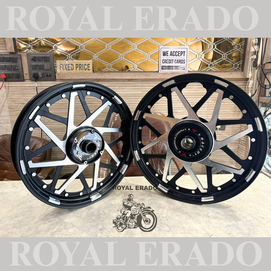 Raceby / kingway double V alloy wheel black alloy wheel for Royal Enfield classic and thunderbird double disc front 19” disc and rear 18” disc