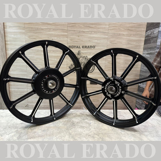Raceby Kingway 10 spoke harley design Black Alloy wheel for Royal Enfield classic single disc and standard 500cc ( front 19” disc & rear drum 18” )