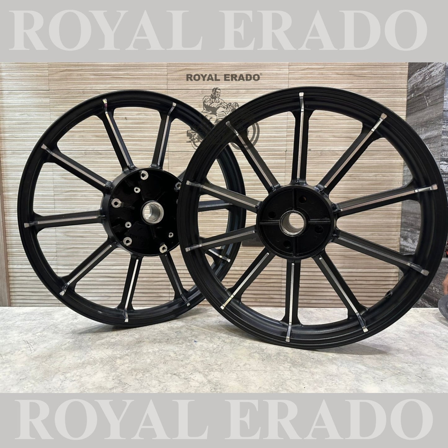 Raceby Kingway 10 spoke harley design Black Alloy wheel for Royal Enfield classic single disc and standard 500cc ( front 19” disc & rear drum 18” )