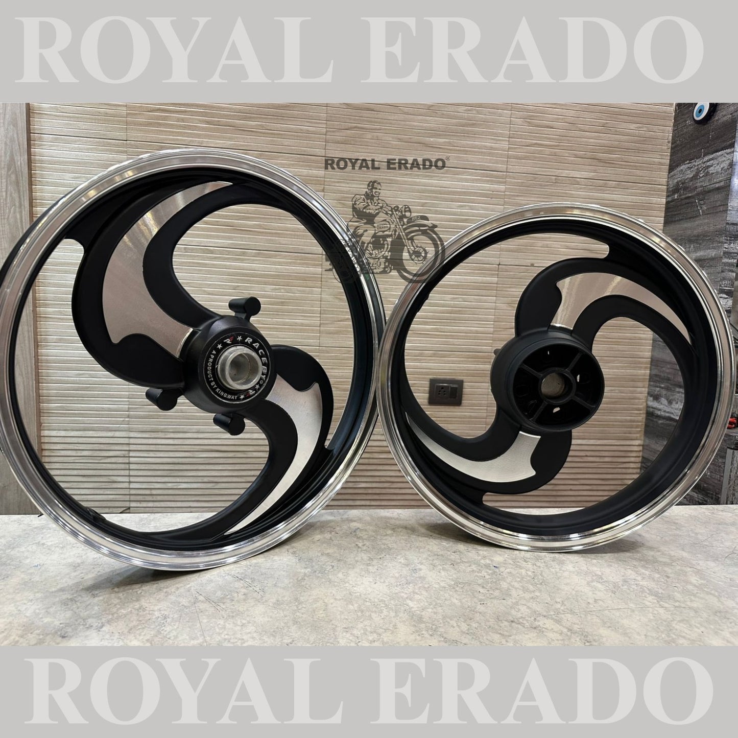 KINGWAY RACEBY 2 SPOKE 2S TALWAR Black CNC Alloy wheel for Royal Enfield reborn classic double disc and new standard battalion after 2022 model ( front 19” disc & rear disc 18” )