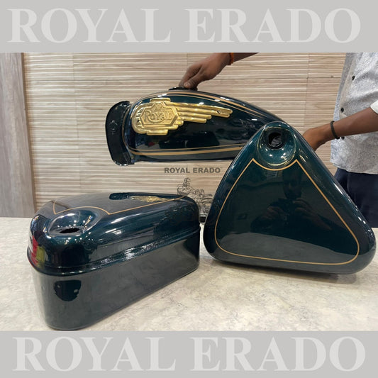 Vintage style tank and tool box for Royal Enfield g2 and old model Standard Electra in metallic green with brass monogram