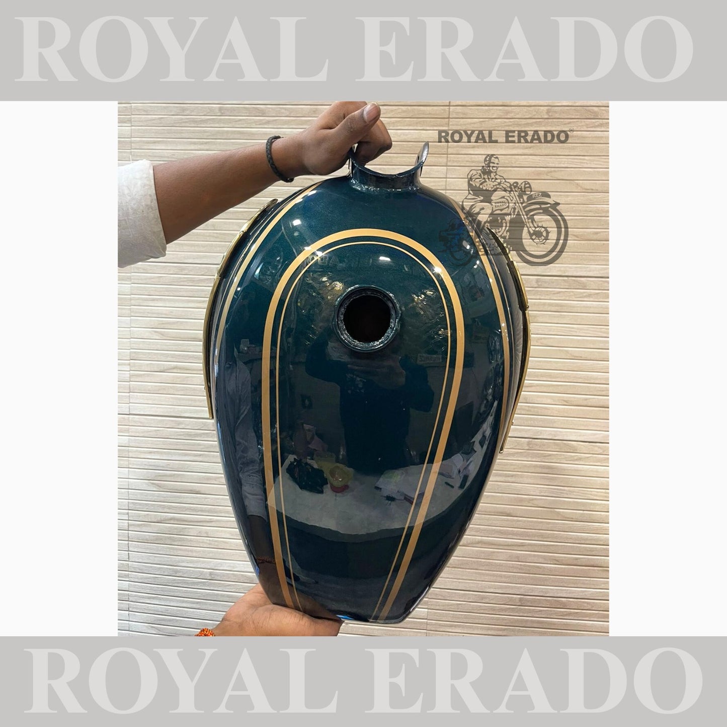 Vintage style tank for Royal Enfield g2 and old model Standard Electra in metallic green with brass monogram
