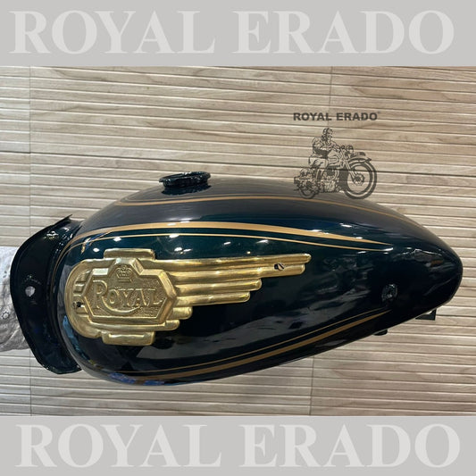 Vintage style tank for Royal Enfield g2 and old model Standard Electra in metallic green with brass monogram