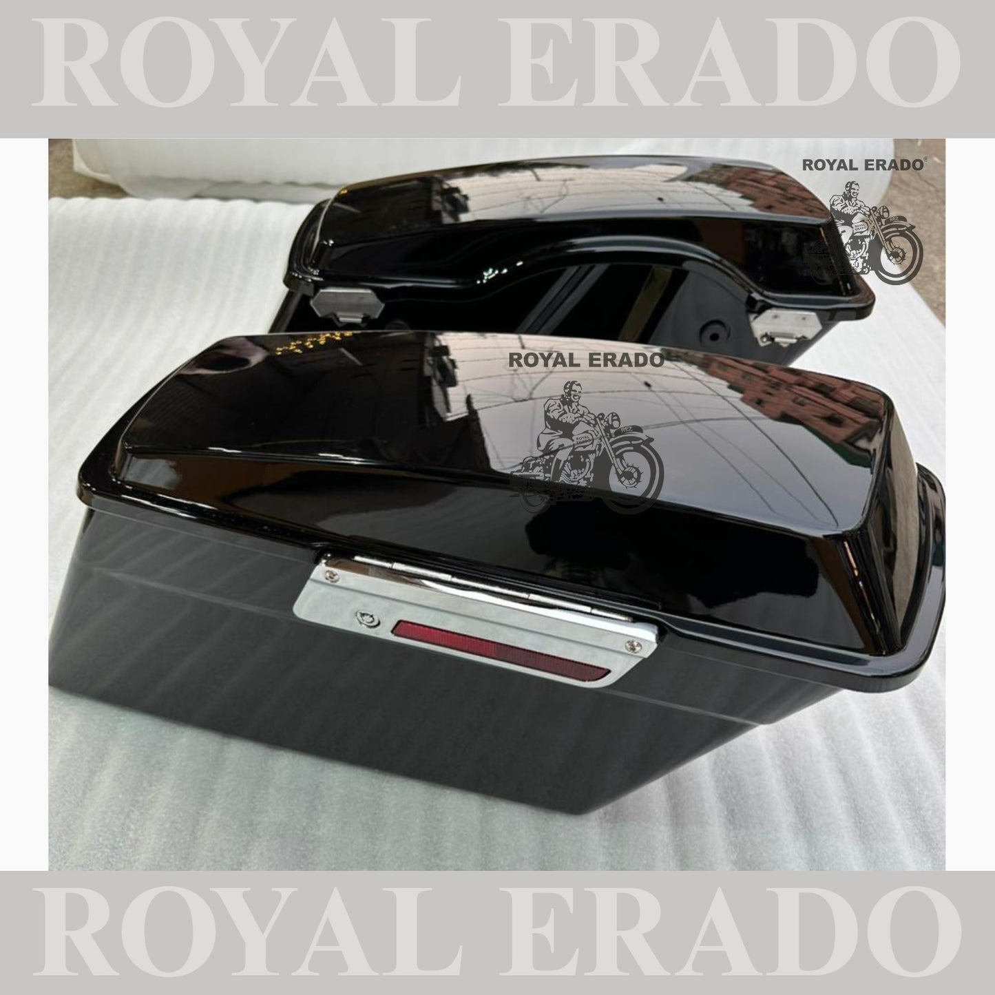 Harley Davidson style side boxes for all bikes Royal Enfield Super Meteor 650 fab bob chief India dark horse and other crosier bikes