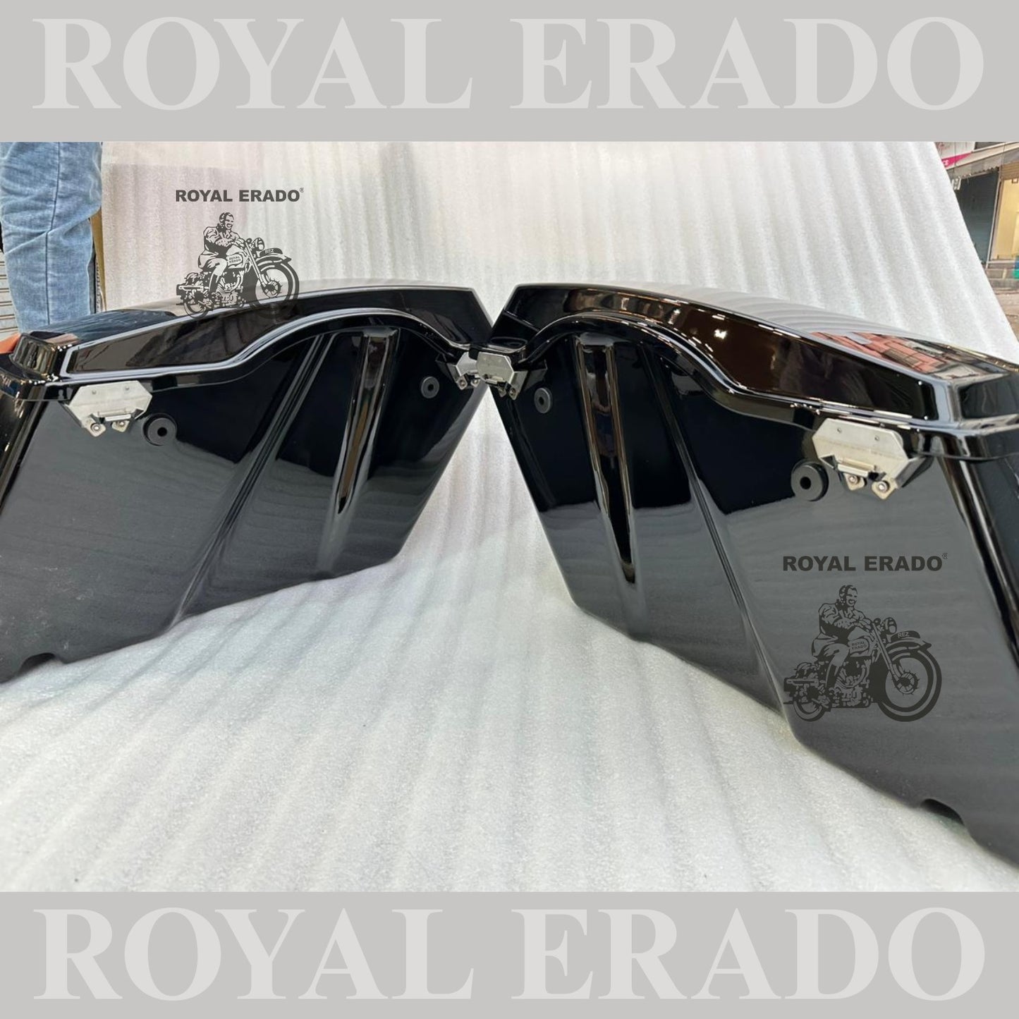 Harley Davidson style side boxes for all bikes Royal Enfield Super Meteor 650 fab bob chief India dark horse and other cruiser bikes