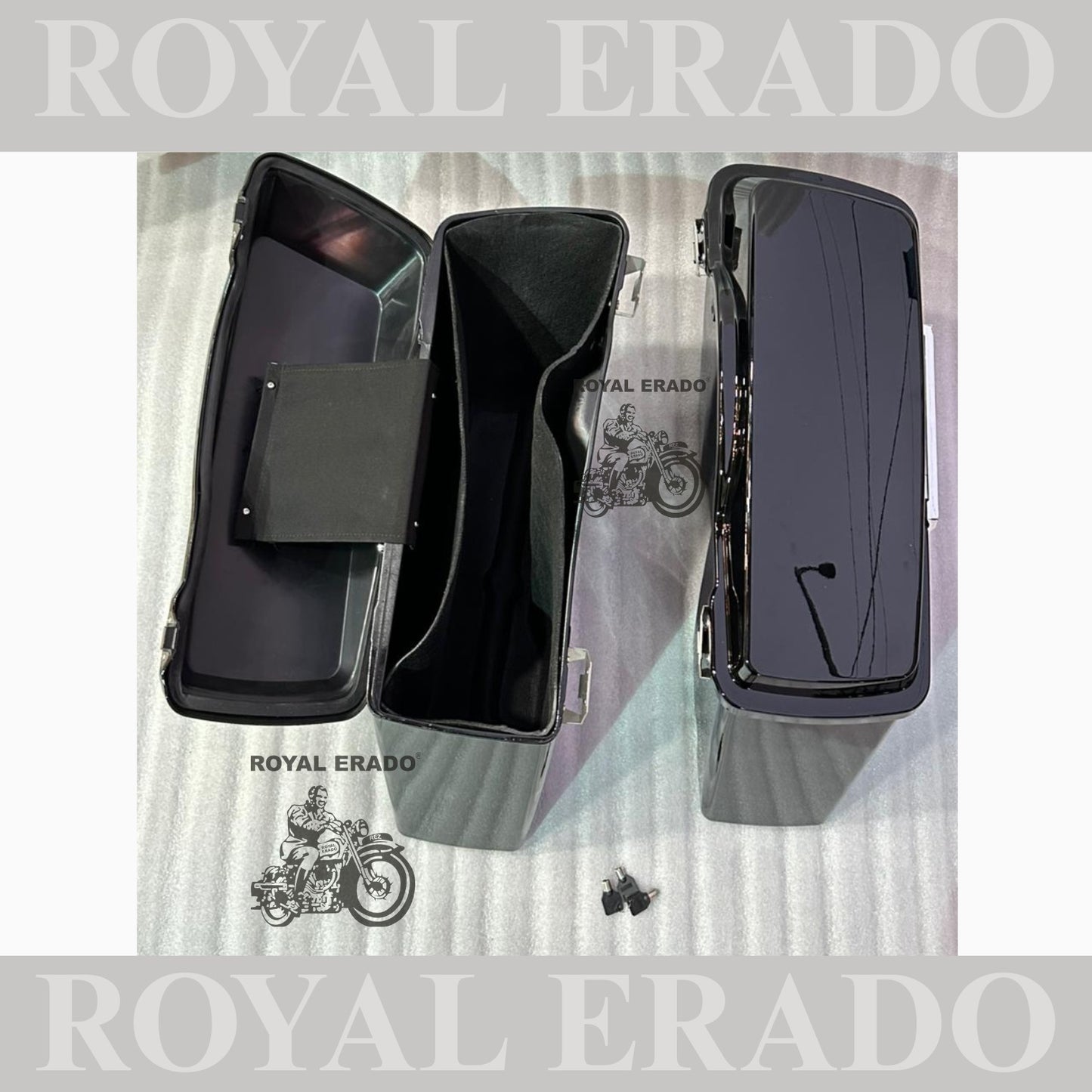 Harley Davidson style side boxes for all bikes Royal Enfield Super Meteor 650 fab bob chief India dark horse and other crosier bikes