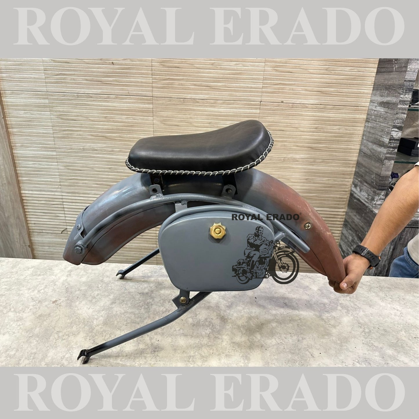 Royal Enfield rear mudguard with rear stays tool boxes and front and rear seat