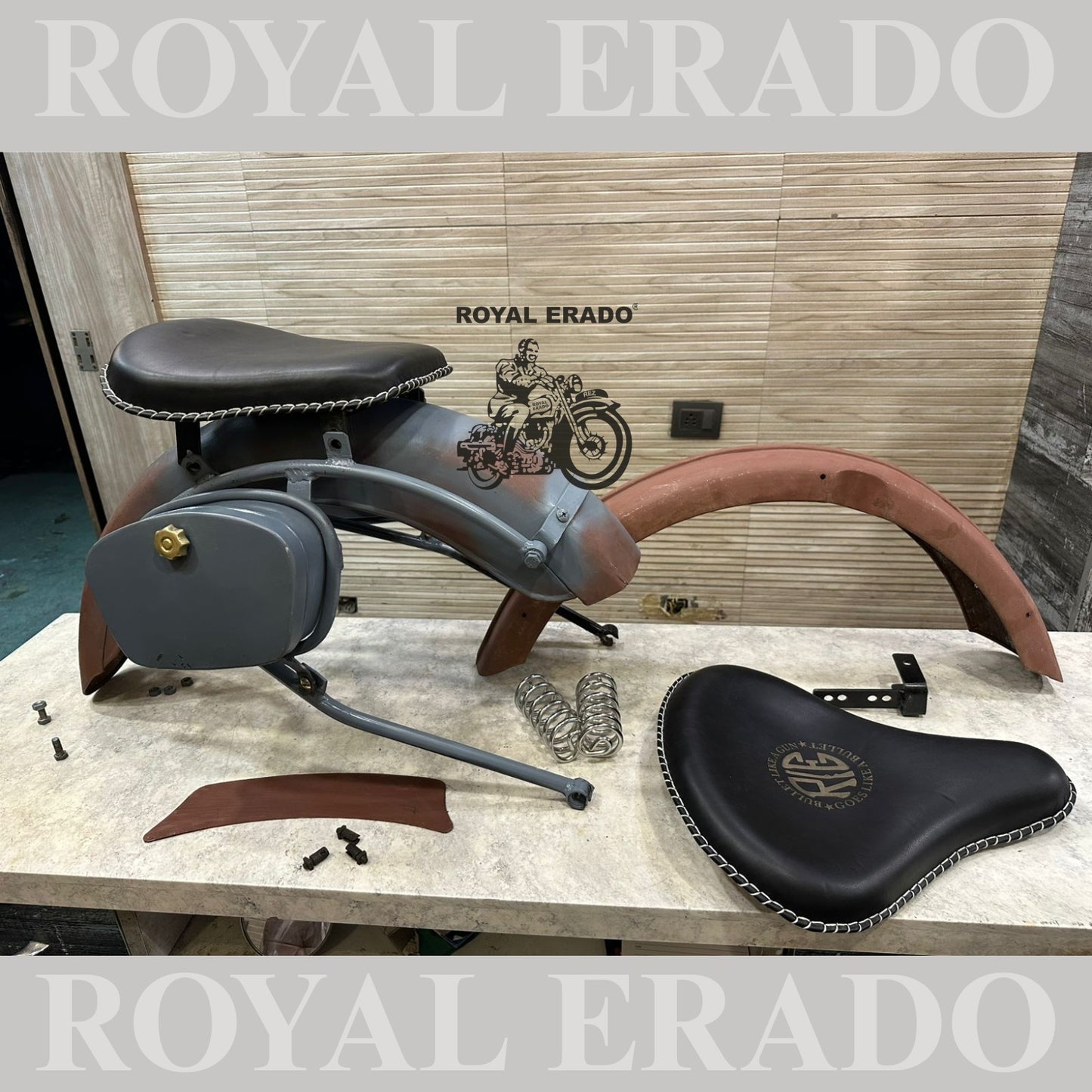 Royal Enfield complete vintage g2 1962 old model kit with g2 mudguards , leather seat and rear stay tool boxes