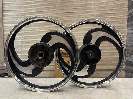 KINGWAY RACEBY 2S 2 Spokes Talwar Black Alloy Wheel Set Small drum brake  Set rear small drum brake | For Splendor old with small drum rear / SPLENDOR PLUS / splendor pro / super splendor / hf deluxe / hero Honda old model splendor  (front 18” & rear 18”)
