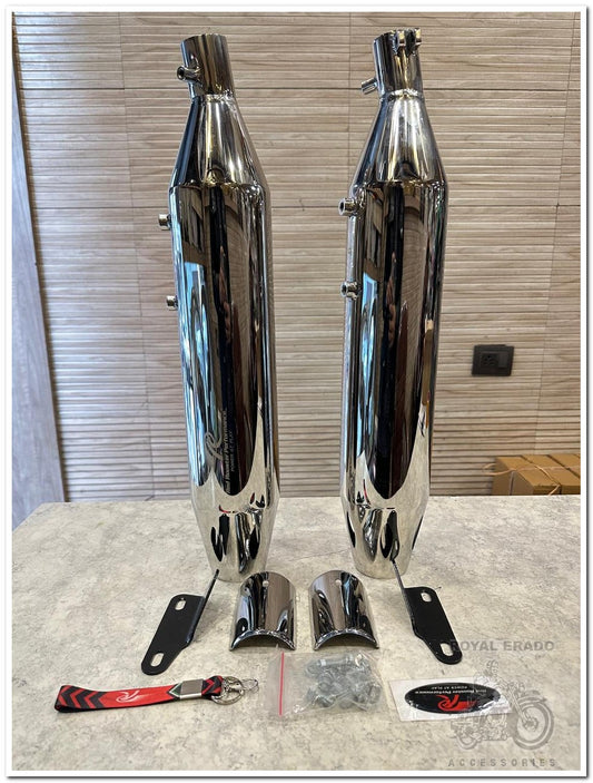 Royal enfield siper meteor 650 red rooster exhaust astral polish chrome stainless steel performance exhaust