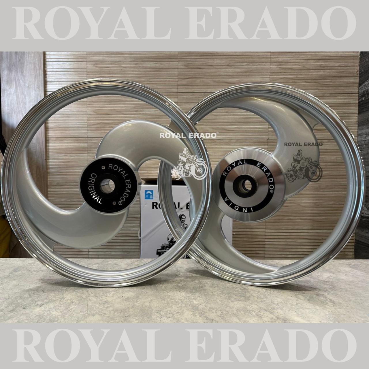 Royal Erado "2-Spoke Big S" Alloy Wheel Set – Silver Finish for Royal Enfield Standard (UCE / Big Drum Models) after 2010 model front 19” drum and rear 19” drum