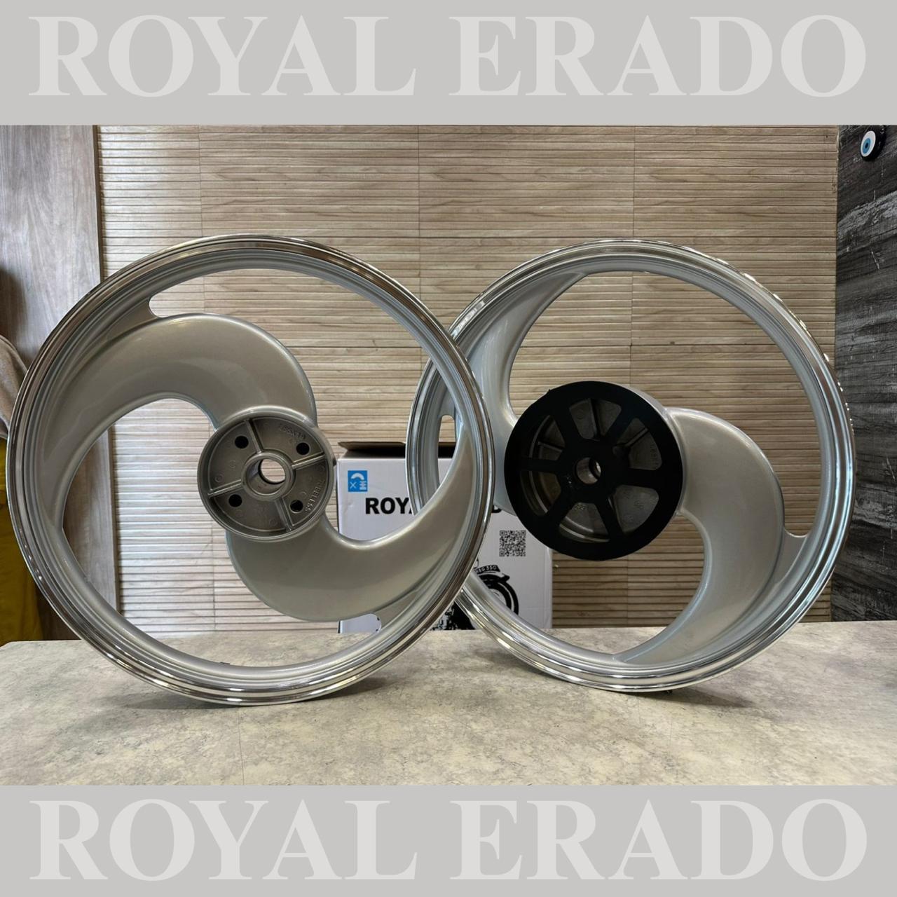 Royal Erado "2-Spoke Big S" Alloy Wheel Set – Silver Finish for Royal Enfield Standard (UCE / Big Drum Models) after 2010 model front 19” drum and rear 19” drum