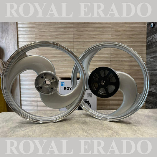 Royal Erado "2-Spoke Big S" Alloy Wheel Set – Silver Finish for Royal Enfield Standard (UCE / Big Drum Models) after 2010 model front 19” drum and rear 19” drum