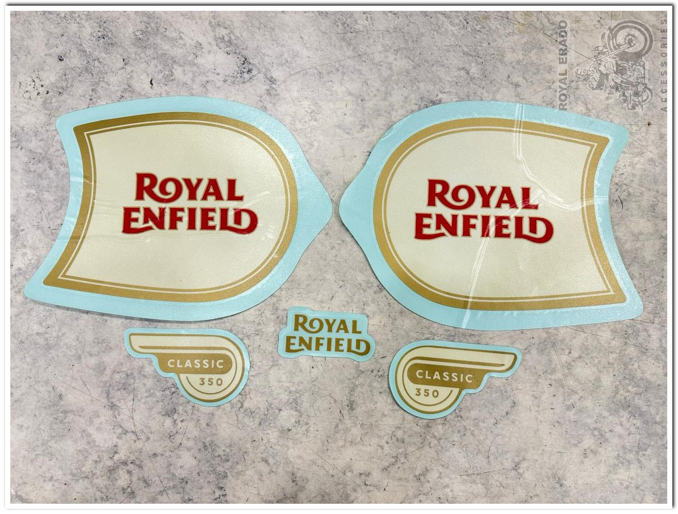 Royal enfield classic 350cc bs-3 bs-4   tank and tool box and rear mudguard sticker in golden classic 350 sticker