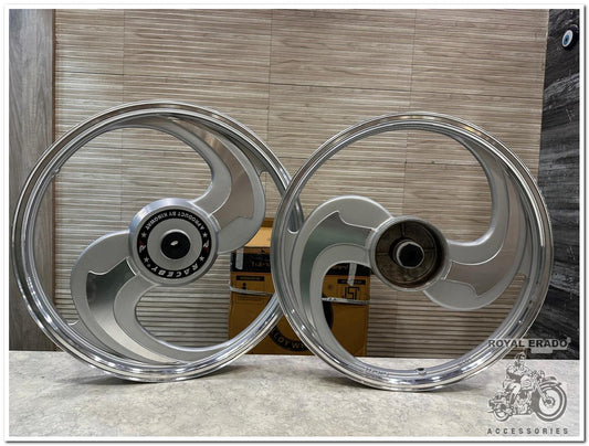 Kingway Raceby 2S 2 Spokes Talwar CNC Silver Alloy Wheel Set Big Drum Brake | For Splendor I3S N SPLENDOR PLUS N SPLENDOR PRO / hf deluxe / passion / passion pro / super splendor / hero Honda new model splendor (  front 18” drum and rear 18” big drum )