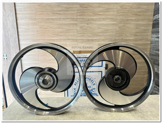 MAI Parado S Design Broad S CNC 2 Spoke big s Talwar Black Alloy Wheel | For Splendor I3S N SPLENDOR PLUS N SPLENDOR PRO / hf deluxe / passion / passion pro / super splendor / hero Honda new model splendor (front 18” drum and rear 18” big drum)