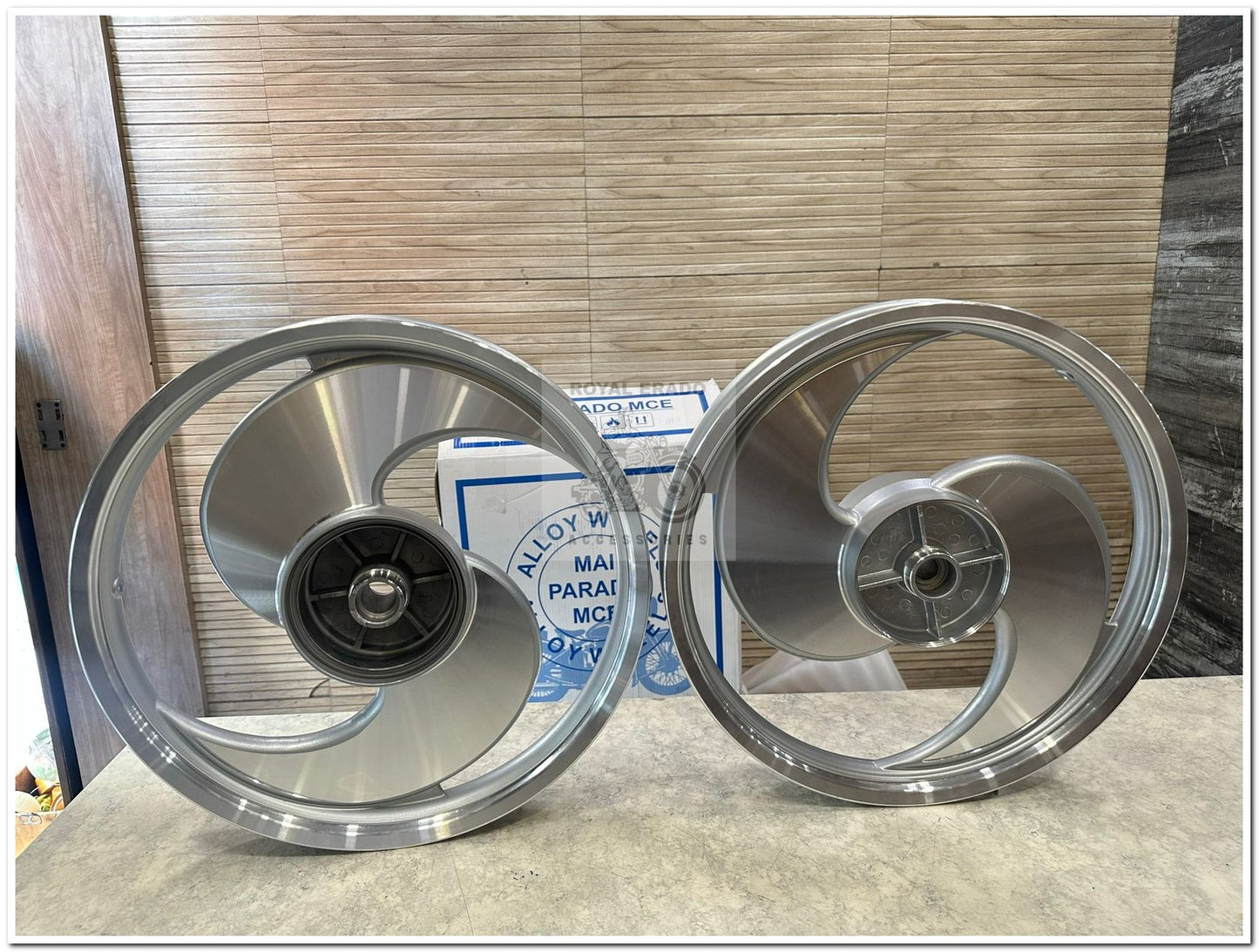MAI Parado S-Design Broad S CNC 2-Spoke Big S Talwar Silver Alloy Wheel | For Splendor I3S N SPLENDOR PLUS N SPLENDOR PRO / hf deluxe / passion / passion pro / super splendor / hero Honda new model splendor (front 18” drum and rear 18” big drum)