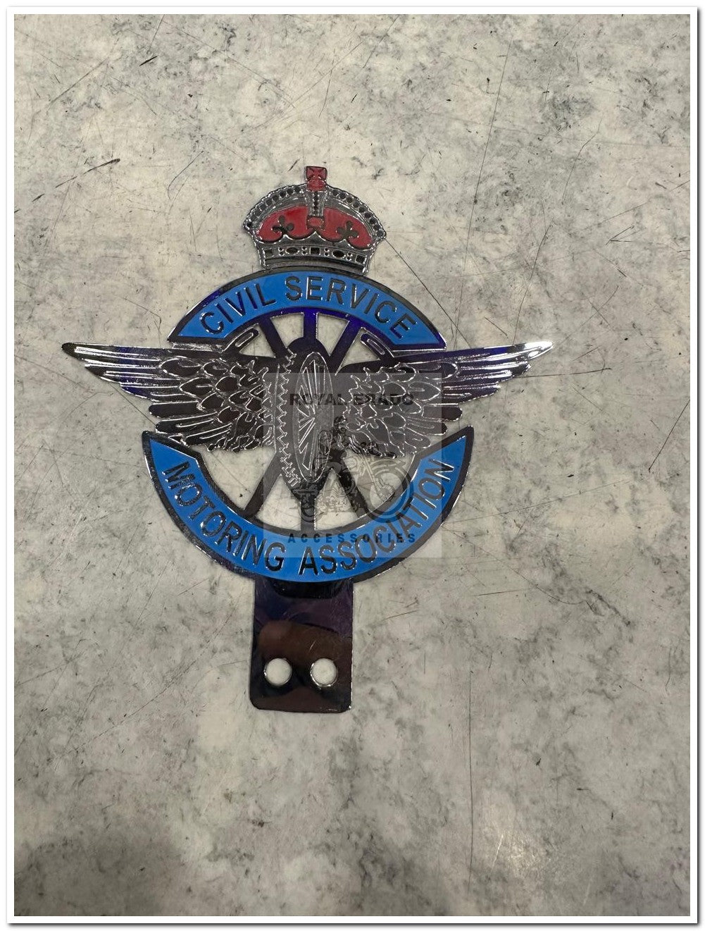 Royal enfield vintage civil service England crown queen monogram in chrome can be fitted to leg guard rear stay token tax holder