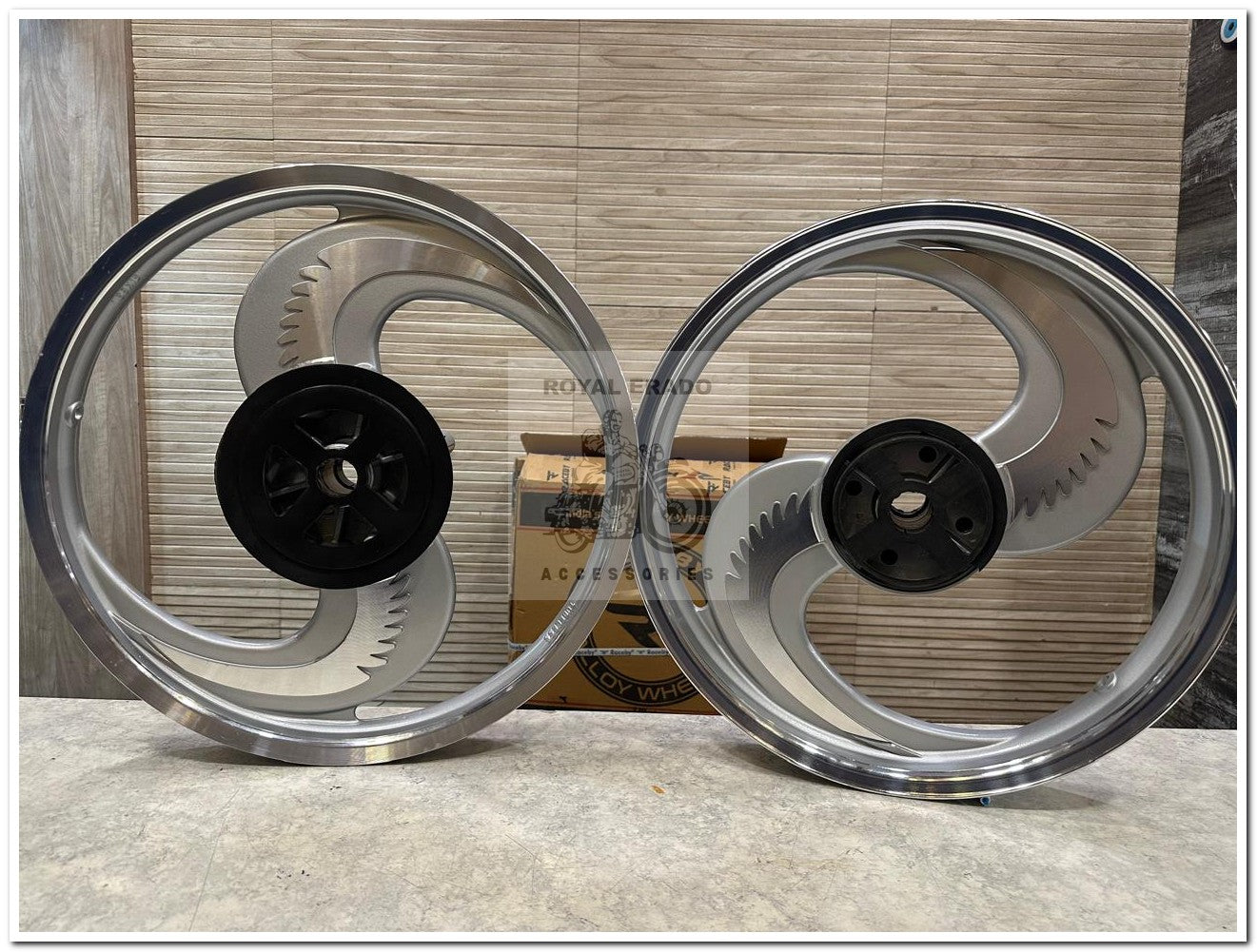 Raceby kingway big s  Broad s 2s 2 spoke talwar design silver alloy wheel for classic single disc front 19” disc & rear 18” drum
