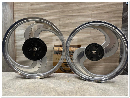 Raceby kingway big s  Broad s 2s 2 spoke talwar design silver alloy wheel for classic single disc front 19” disc & rear 18” drum