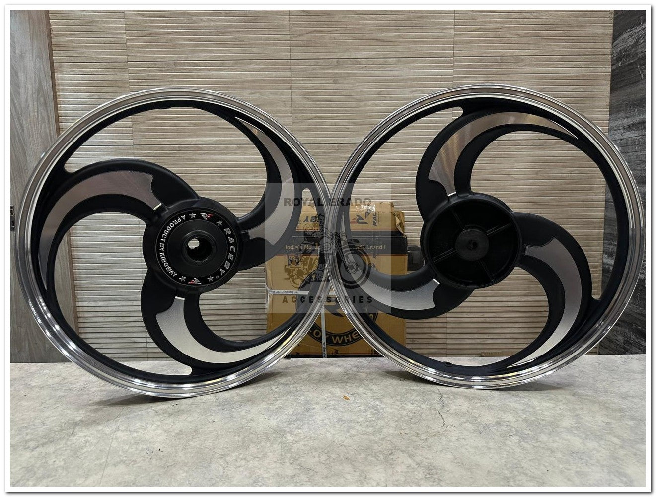 KINGWAY RACEBY 3 S Design 3S CNC 3 Spoke Talwar black Alloy Wheel | For Splendor I3S N SPLENDOR PLUS N SPLENDOR PRO / hf deluxe / passion / passion pro / super splendor / hero Honda new model splendor (front 18” drum and rear 18” big drum )