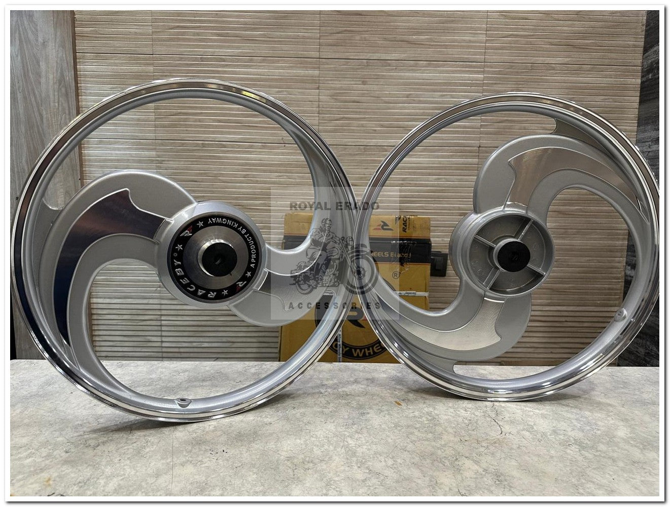 Raceby Kingway RX100 RX-135 RX-100 Alloy Wheels 2 spoke 2S s talwar cnc & Silver Design For Yamaha RX-100.
