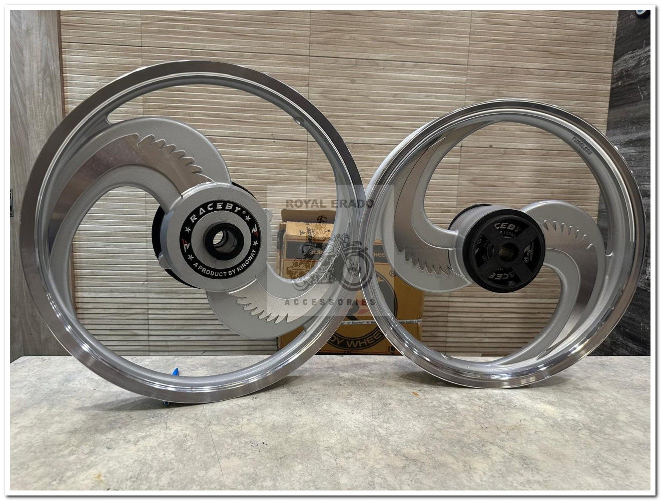 Raceby kingway big s  Broad s 2s 2 spoke talwar design silver alloy wheel for classic single disc front 19” disc & rear 18” drum