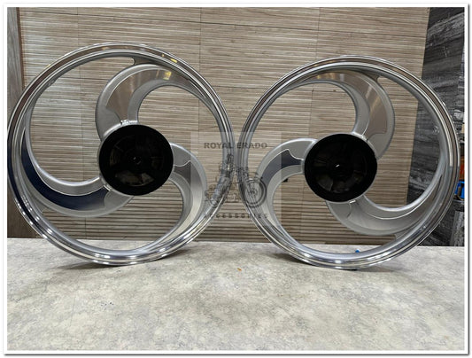 KINGWAY RACEBY 3 S Design 3S CNC 3 Spoke Talwar silver Alloy Wheel | For Splendor I3S N SPLENDOR PLUS N SPLENDOR PRO / hf deluxe / passion / passion pro / super splendor / hero Honda new model splendor (front 18” drum and rear 18” big drum)