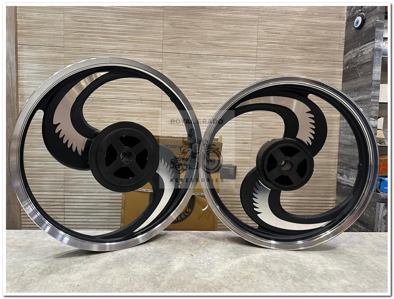 Raceby kingway big s  Broad s 2s 2 spoke talwar design black alloy wheel for classic single disc front 19” disc & rear 18” drum