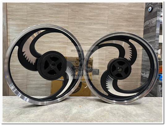 Raceby kingway big s  Broad s 2s 2 spoke talwar design black alloy wheel for classic single disc front 19” disc & rear 18” drum