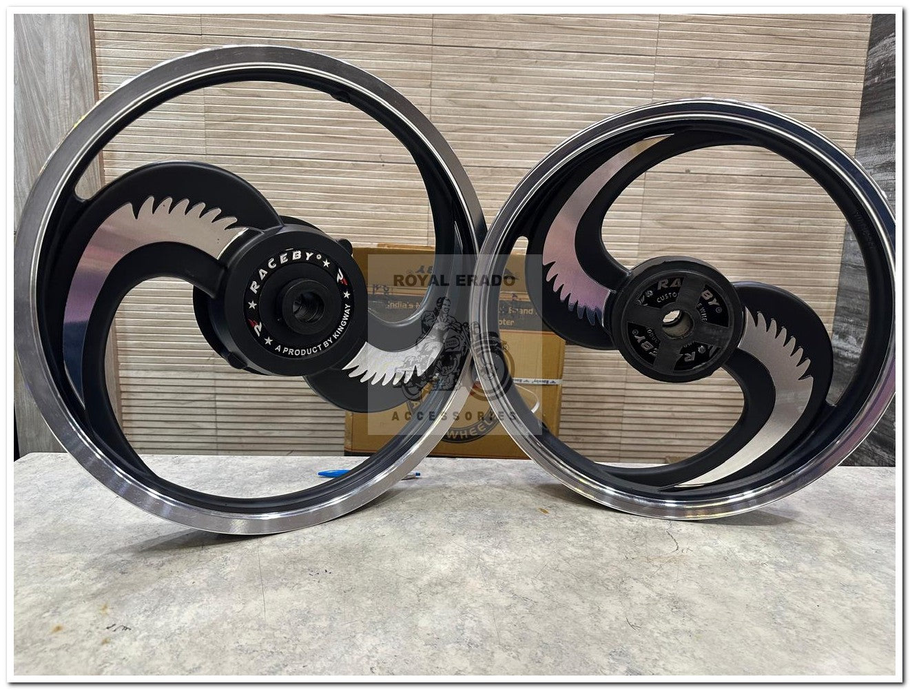 Raceby kingway big s  Broad s 2s 2 spoke talwar design black alloy wheel for classic single disc front 19” disc & rear 18” drum