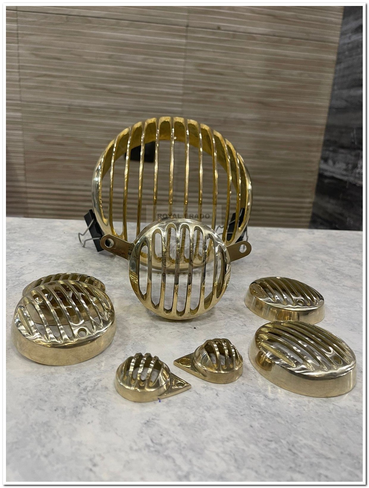 Royal enfield brass grill set head light grill brass , indicator grill brass , parking ring brass and tail light grill brass classic