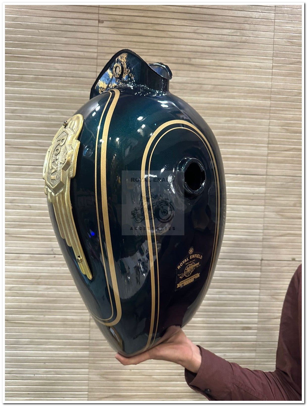 Royal enfield tank metallic green colour with  in 14 liters brass tank monogram for classic Electra standard and vintage g2 1962 old model bullet 350