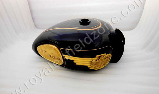Royal enfield black tank with brass  knee pad and brass tank monogram in big size 18 to 20 litters for vintage g2 1962 old model bullet 350 standard classic Electra
