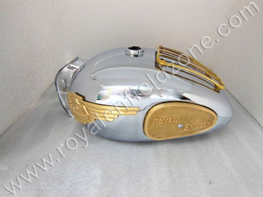 Royal Enfield chrome tank with brass knee pad and brass tank monogram and brass grill in big size 18 to 20 liters for vintage G2 1962 old model Bullet 350 Standard Classic Electra.