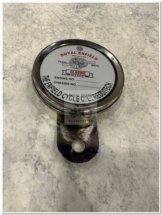 Chrome tax token holder with Enfield cycle made like a gun logo in chrome fit to shocker bolt at front or rear or leg gaurd for Royal Enfield vintage g2 1962 old model bullet 350 cast iron engine ci engine standard classic electra reborn battalion
