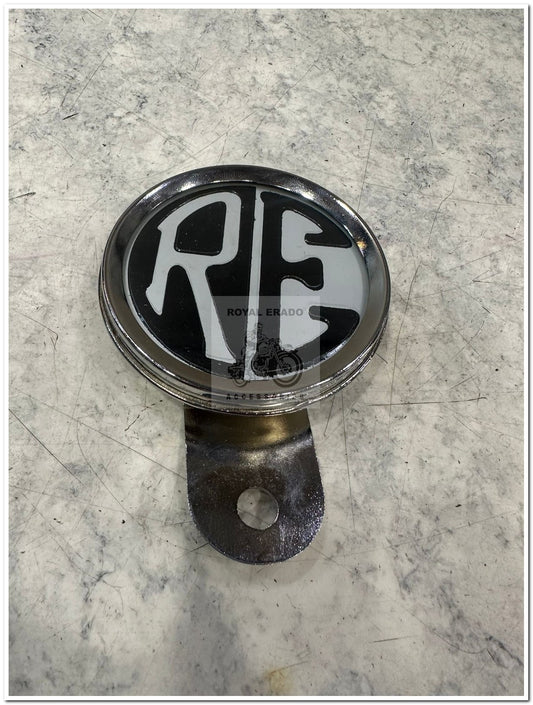 Chrome tax token holder RE logo in chrome fit to shocker bolt at front or rear or leg guard for Royal enfield vintage g2 1962 old model bullet 350 cast iron engine ci engine standard classic electra reborn battalion.