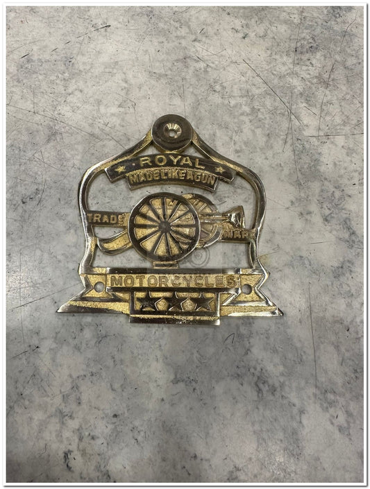 Royal Enfield brass made like a gun logo for vintage g2 1962 old model bullet 350 Reborn Classic (BS3-BS4) Electra Standard battalion Meteor 350cc Hunter 350cc Fit to tool box, air filter box, and battery cover.