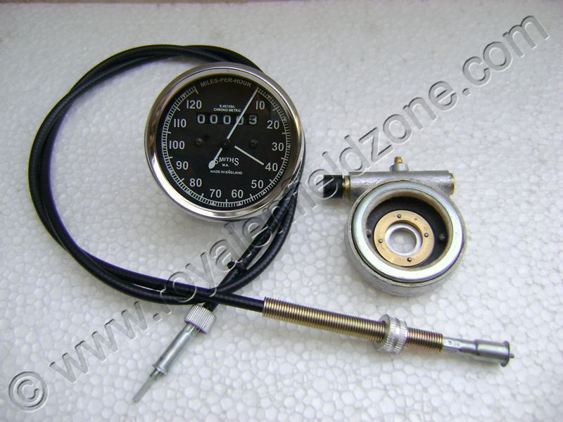 Royal Enfield vintage g2 1962 old model bullet 350 cast iron engine ci engine non-disc bike rear speedo meter assembly, Smith meter 120 miles assembly with rear speedo meter box and speedometer cable.