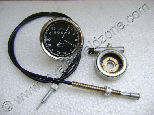 Royal Enfield vintage g2 1962 old model bullet 350 cast iron engine ci engine non-disc bike rear speedo meter assembly, Smith meter 120 miles assembly with rear speedo meter box and speedometer cable.