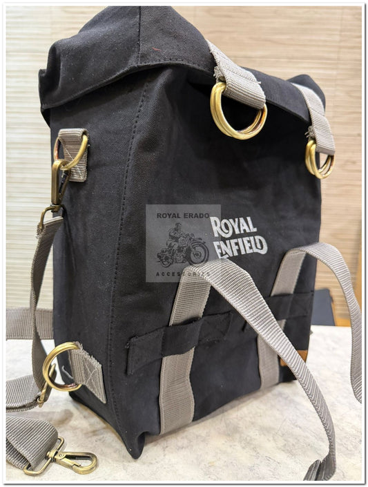 Royal Enfield Classic Electra Standard reborn battalion meteor 350 super meteor 650 short gun 650 hunter 350 and vintage 2 1962 old model bullet 350 cast iron engine ci engine canvas bag in black with grey colour straps.