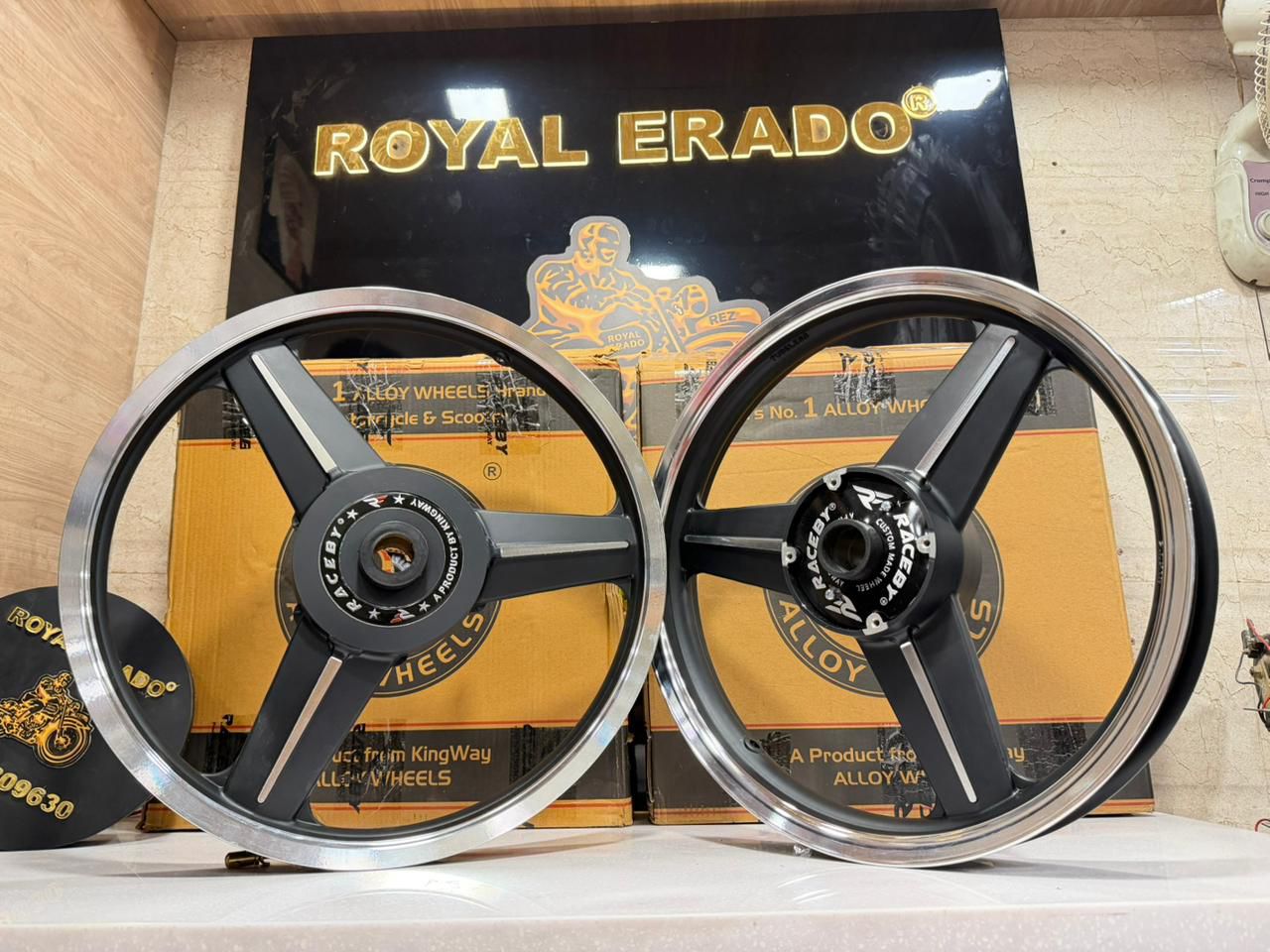 Raceby / kingway company mercedes diamond black alloy wheel for royal enfield standard abs and electra ( front 19” disc rear 19” drum )